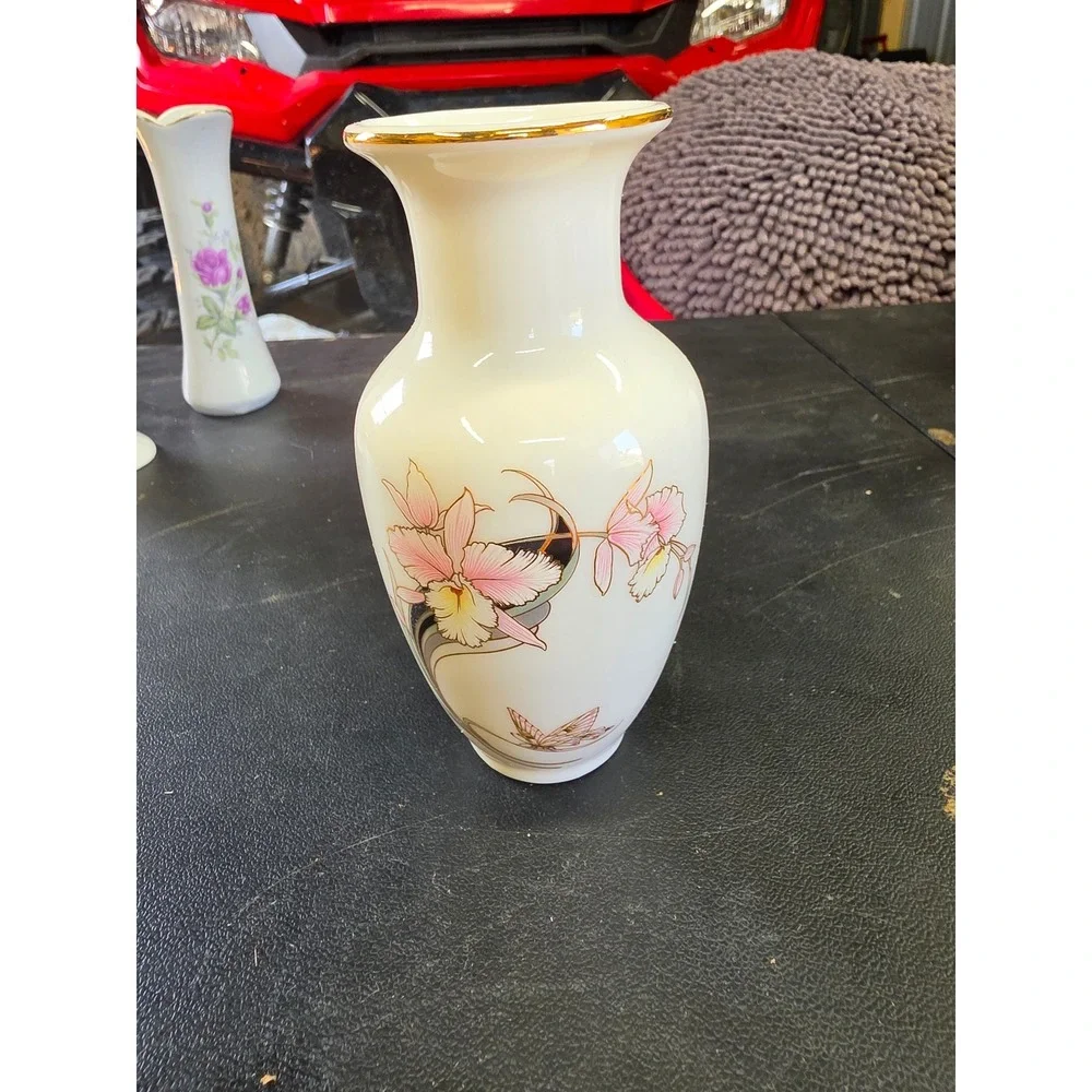 Vintage Fine China Japan Bud Vase Pink Orchid Butterfly Gold Trim Porcelain 5